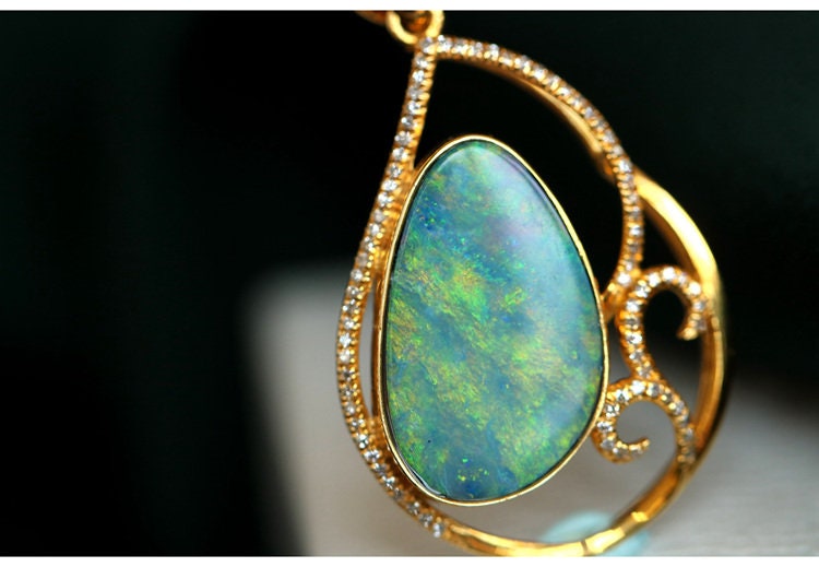 Blue Opal Diamond Mermaid Pendant - 18K Yellow Gold
