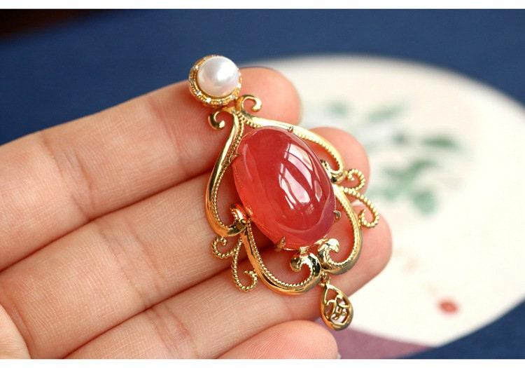 Rhodochrosite & Pearl Necklace in 18K Yellow Gold