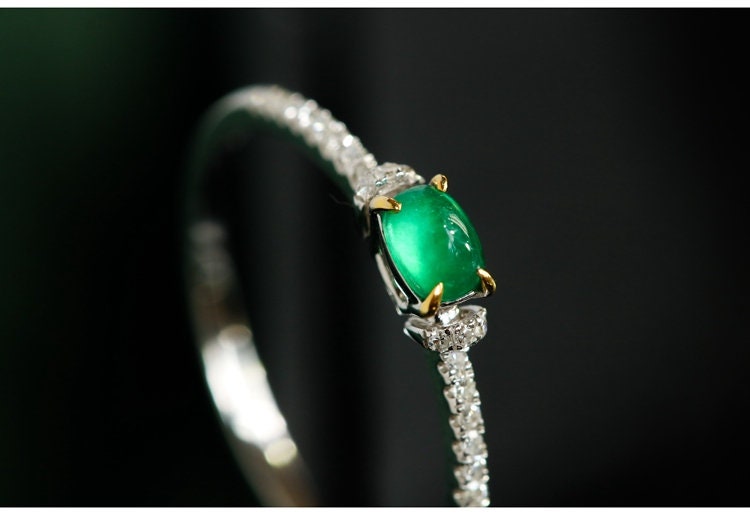 Emerald Oval Cabochon & Diamond Ring in 18K White Gold