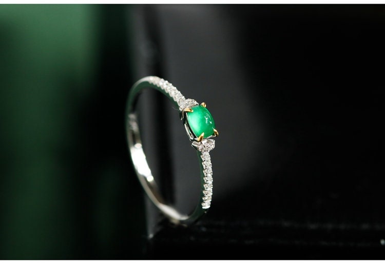 Emerald Oval Cabochon & Diamond Ring in 18K White Gold