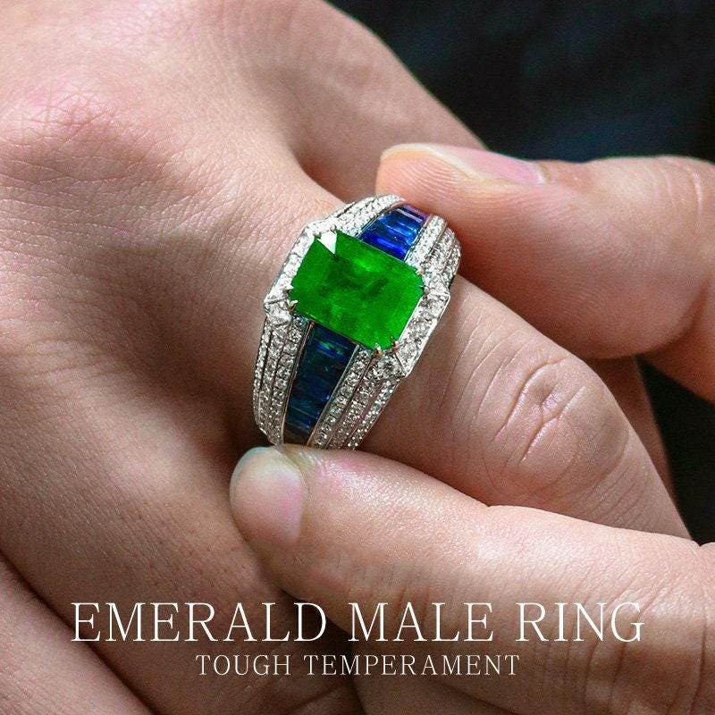 Art Deco 2.45ct Emerald & Diamonds Men's Ring in 18K White Gold
