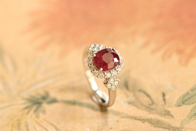 2.16ct Rubellite Cushion & Diamond Ring in 18K White Gold