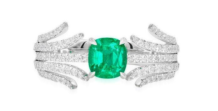 Wing Prong Emerald Wedding Diamonds Ring in Platinum 950