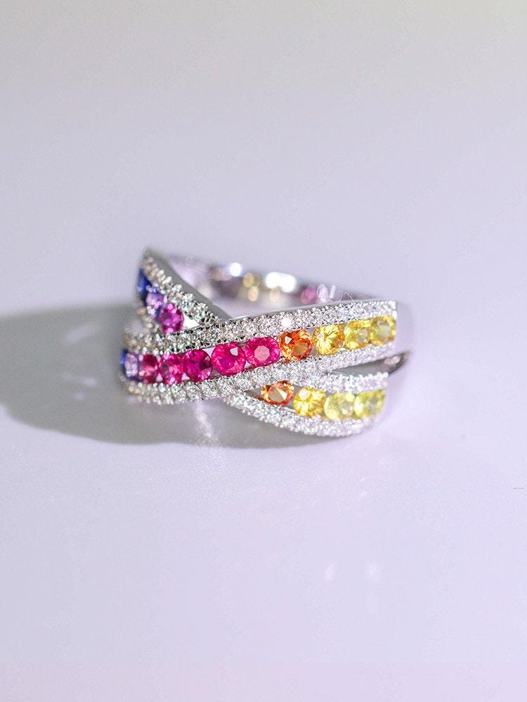 Colorful Sapphire Channel Set Band Ring in 18K White Gold