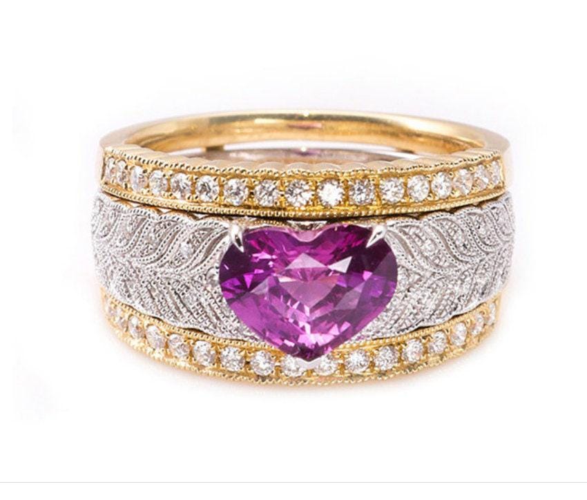 1.7ct Pink Sapphire Heart-Shaped Engraved Ring in 18K Two Tone Gold