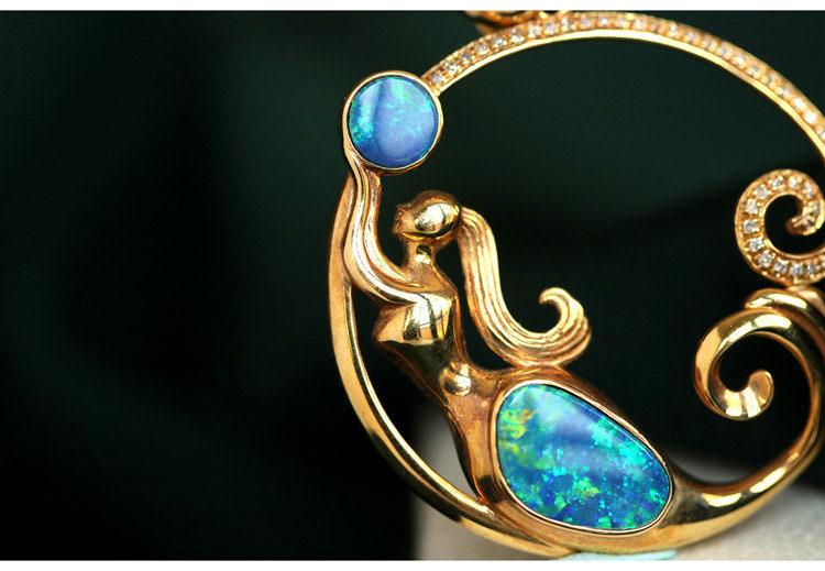 Australia Blue Opal & Diamond Pendant in 18K Yellow Gold