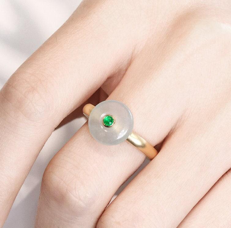 Oriental Jade & Emerald Accent 18K Yellow Gold Engraved Ring