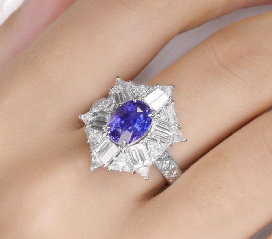 2.3ct Cornflower Blue Sapphire Platinum 950 Art Deco Ring with Trilliant Diamonds