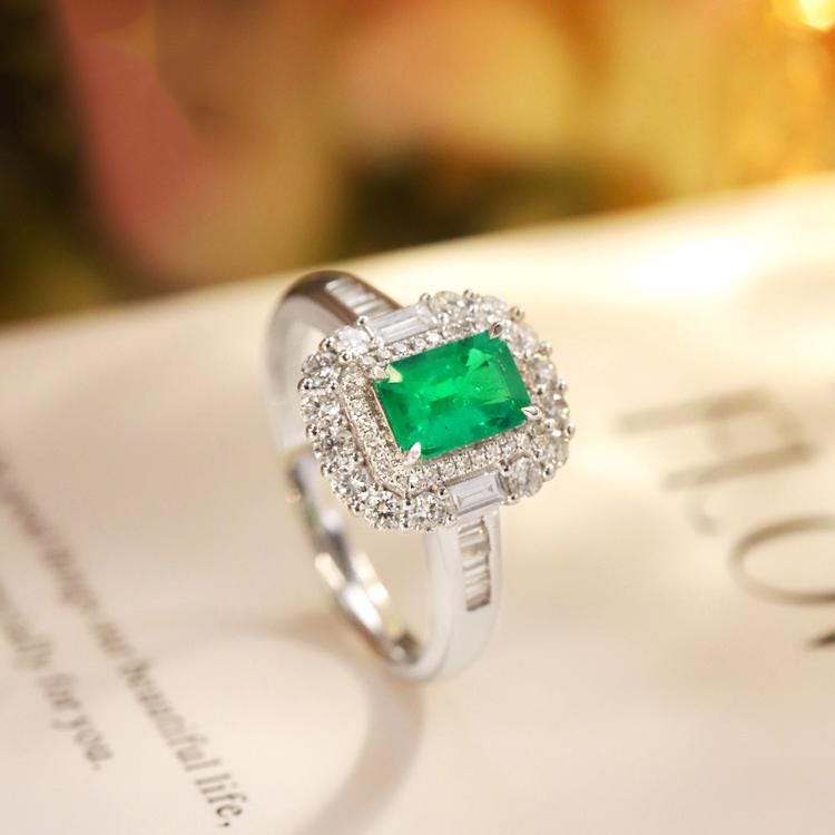 Emerald & Diamond Halo Pave Ring in 18K White Gold