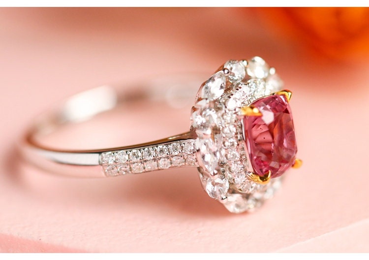 1.15ct Pinkish Spinel Cushion & Diamond Ring - 18K White Gold
