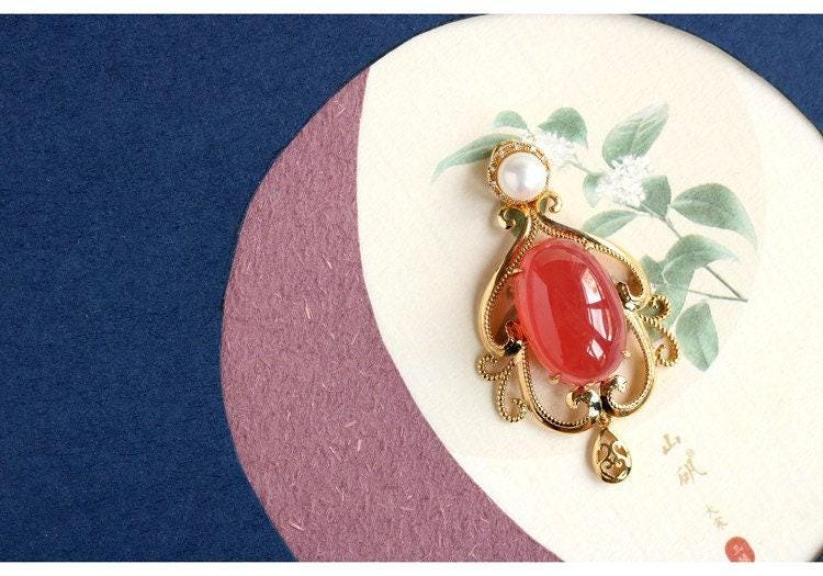 Rhodochrosite & Pearl Necklace in 18K Yellow Gold