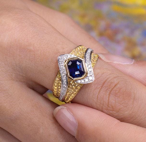 1.59ct Blue Sapphire 18K Dual Gold Ring with Full Diamond Pave
