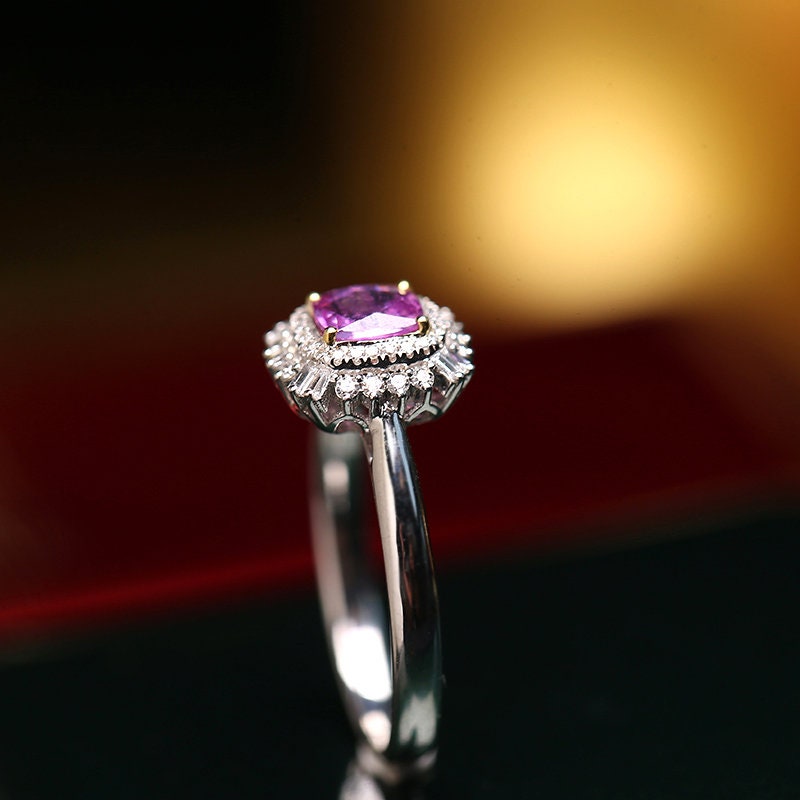 Double Halo Purple Spinel 18K Ring Set with Diamond