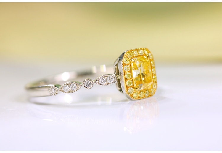 Fancy Yellow Diamonds Ring in 18K Two Tone Gold