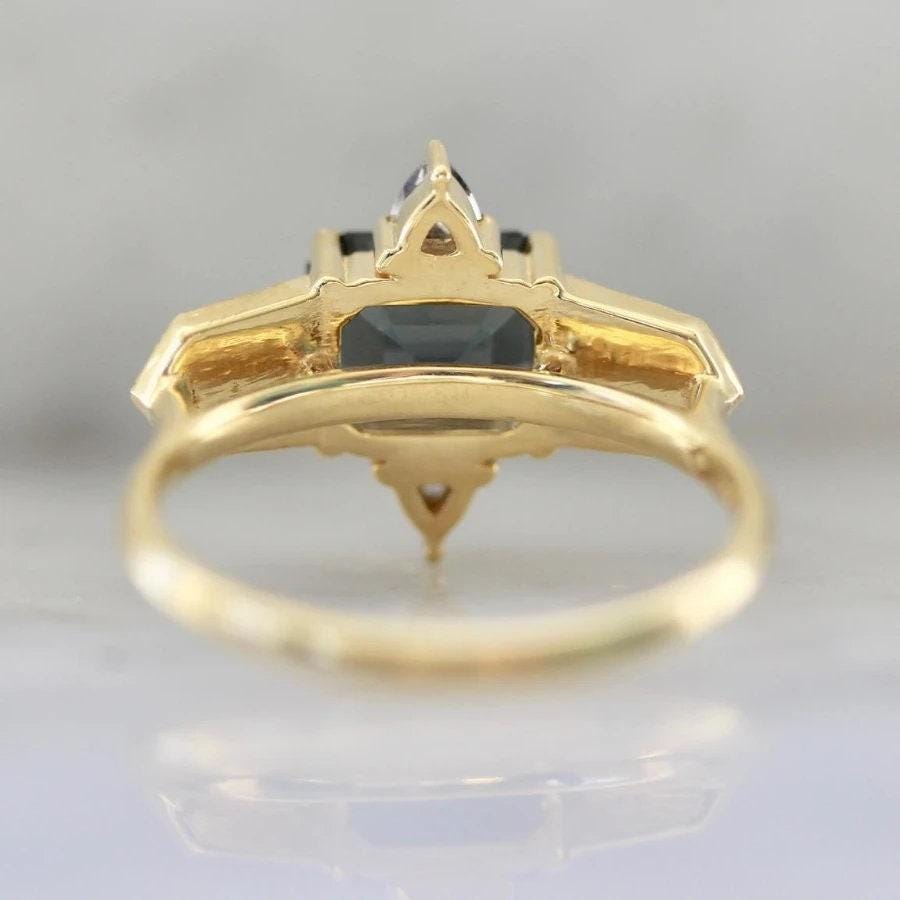 1.97ct Emerald Cut Teal Spinel & Diamond Ring in 18K Yellow Gold
