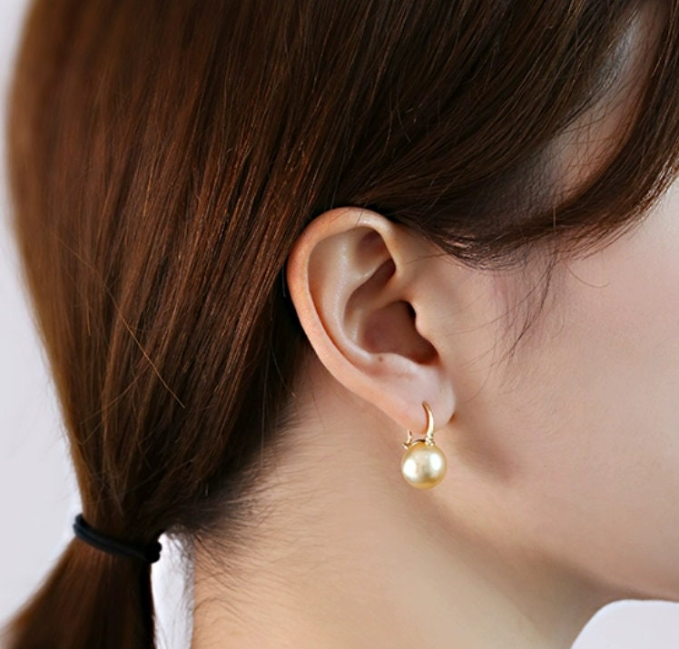 Exquisite 14mm Golden Pearl Hoop Earrings in 18K Yellow Gold