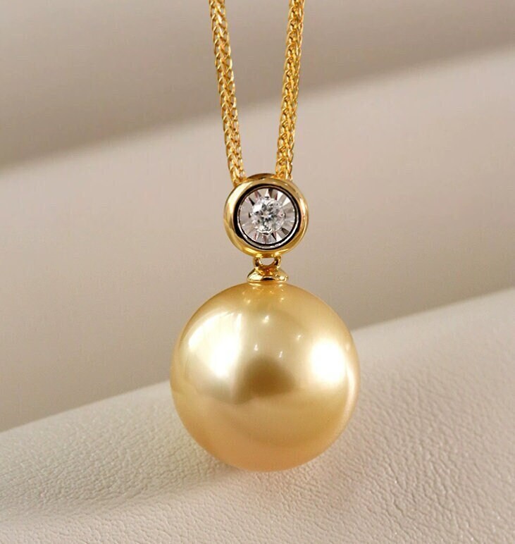 14mm South Sea Golden Pearl & Diamond Necklace in 18K Gold