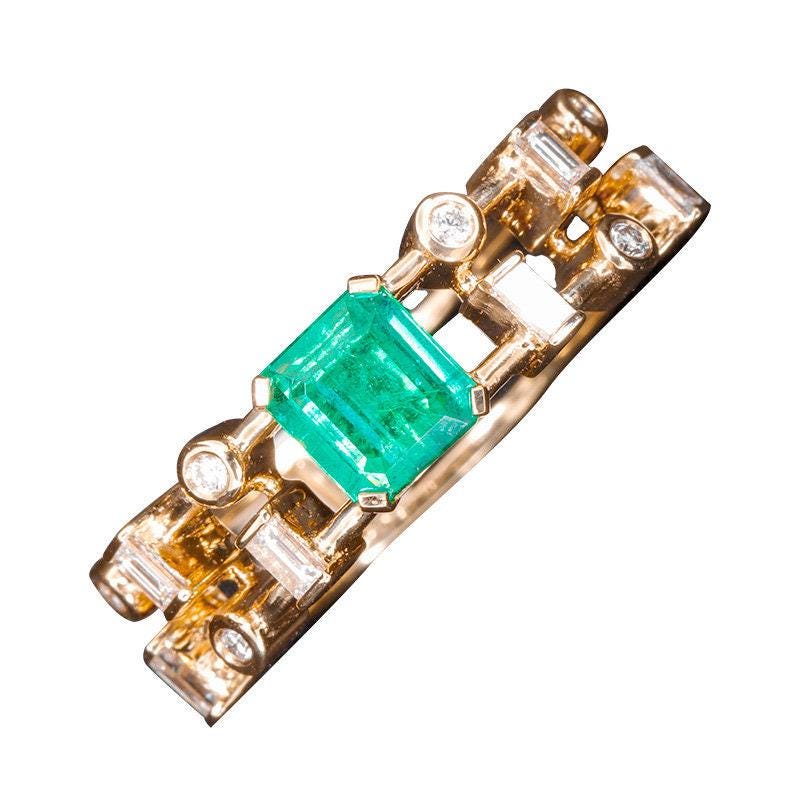 Cluster Pave Set Emerald 18K Gold Ring with Diamonds