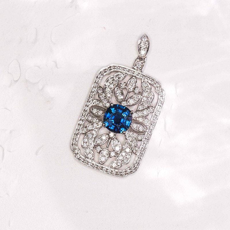Blue Sapphire Full Diamonds Pave Pendant in 18K White Gold