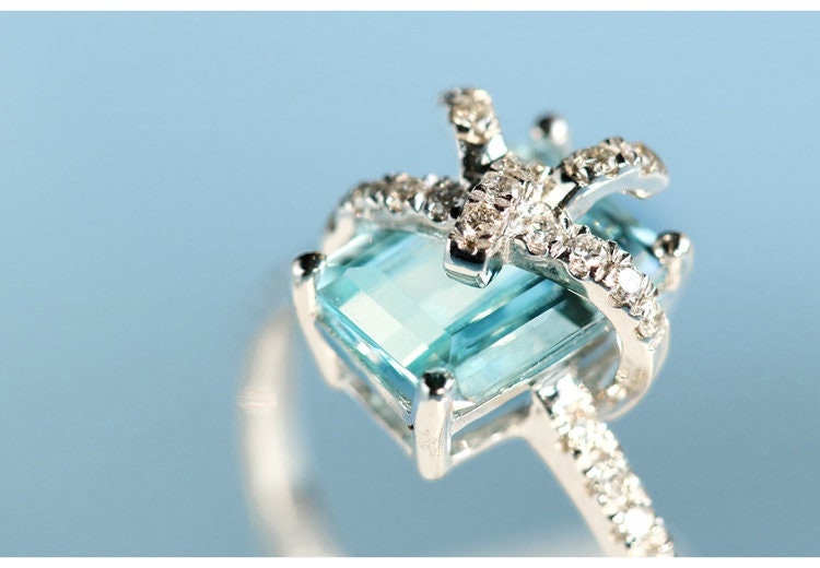 Aquamarine Diamond Ring - Emerald Cut 18K White Gold Bow Ring