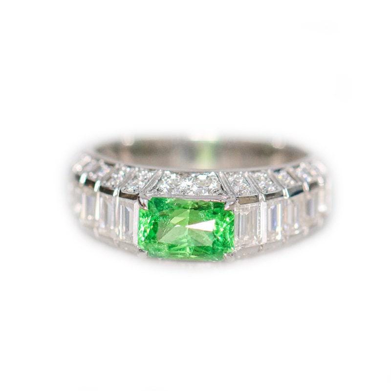 1.27ct Tsavorite Cushion Full Diamond Pave Engagement Ring in 18K Gold