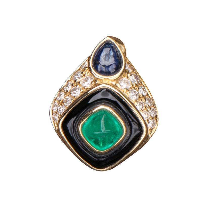 Art Deco Design Emerald Sapphire 18K Yellow Gold Earrings