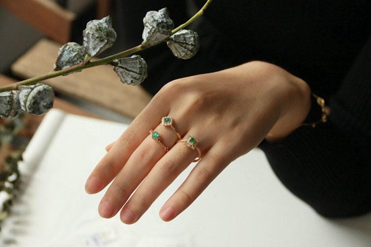 Emerald Square Cut & Halo Set Baby Pearl Ring in 18K Yellow Gold