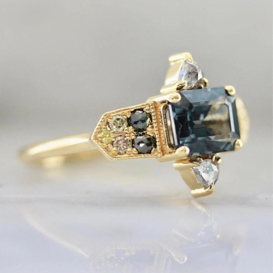 1.97ct Emerald Cut Teal Spinel & Diamond Ring in 18K Yellow Gold