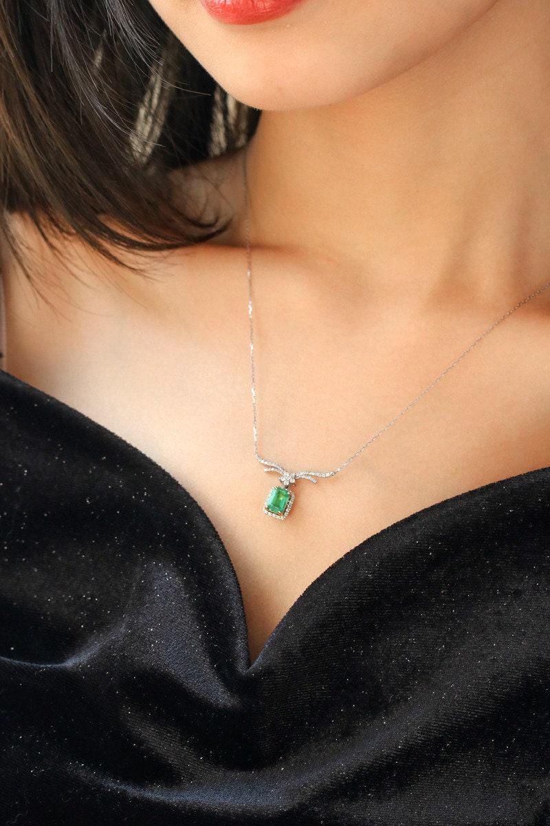 Huge Emerald & Diamond Necklace in 18K White Gold