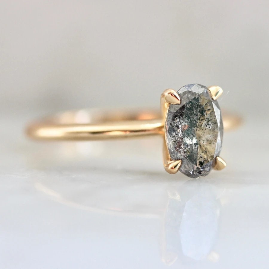 1.3ct Salt & Pepper Diamond Oval Cut Solitaire Ring in 18K Gold