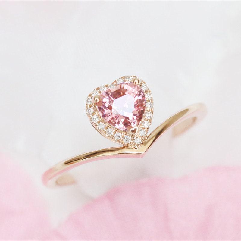 Heart Cut Pink Tourmaline Chevron Ring - 18K Yellow Gold