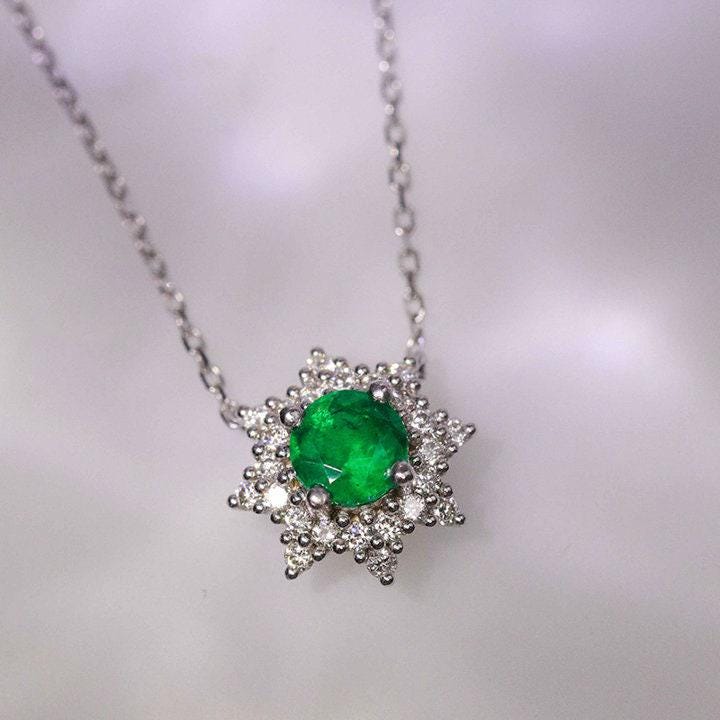 Emerald with White Diamond Necklace in 18K White Gold