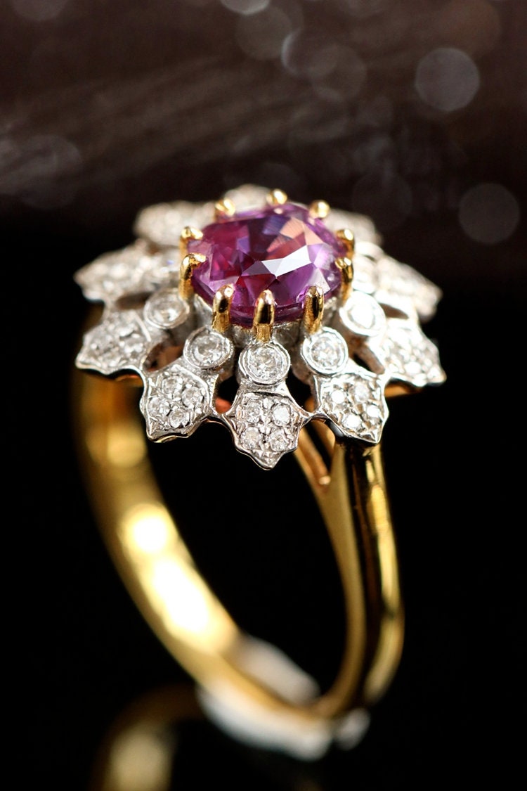 Flower Design Purple Spinel & Diamond Ring - 18K Yellow Gold