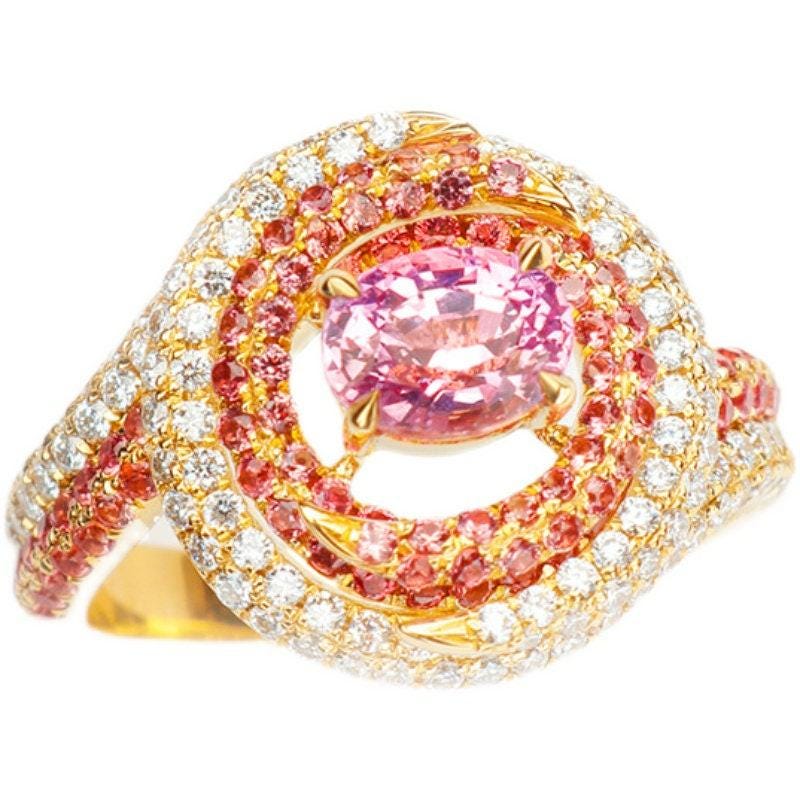 Padparadscha Purple Sapphire 18K Gold Double Halo Ring