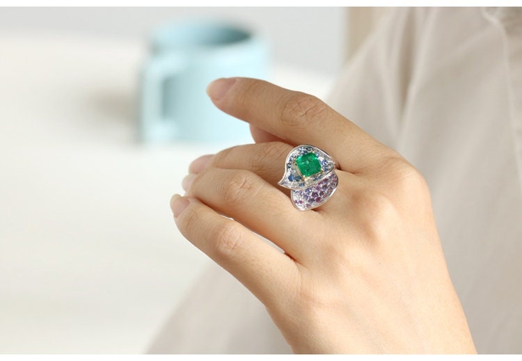 Alocasia Design Emerald & Sapphire Statement Ring in 18K Gold