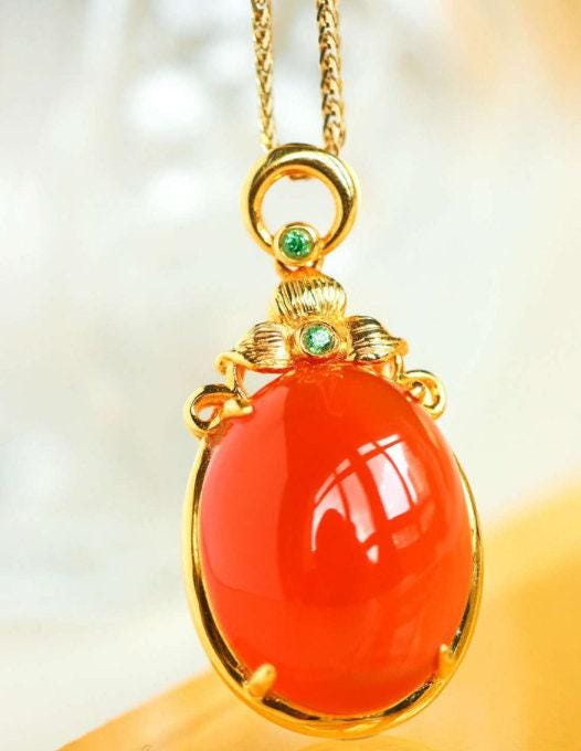 Huge Southern Red Agate Tsavorite Necklace - 18K Yellow Gold