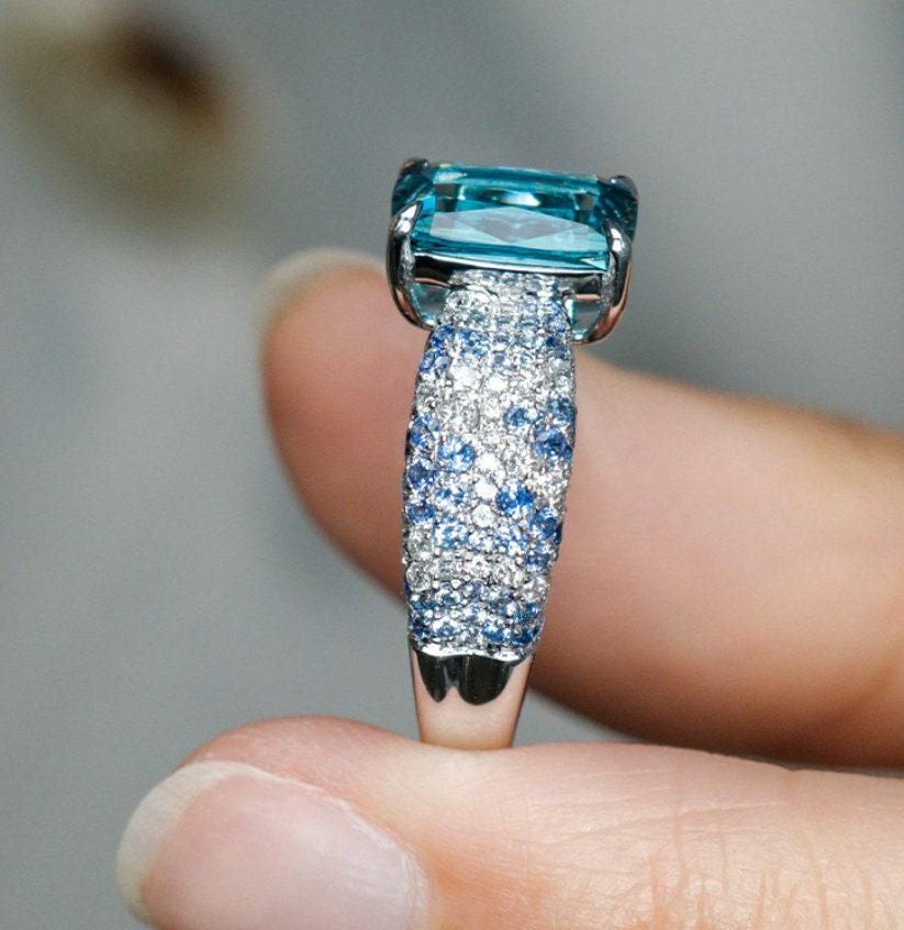 1.48ct 18K White Gold Blue Tourmaline  Diamond Engagement Ring