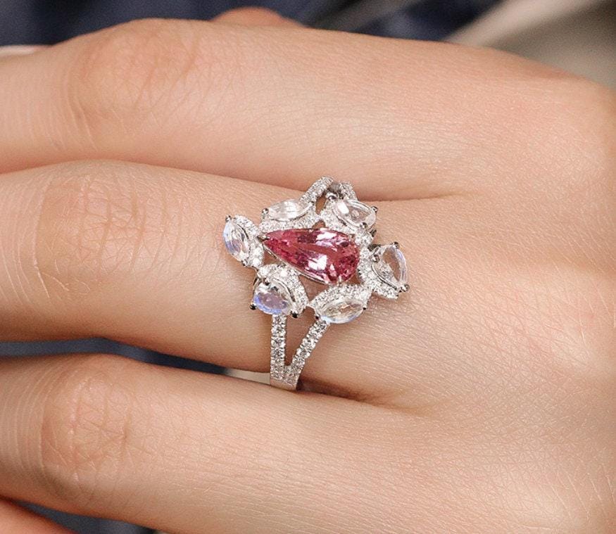 Pink Sapphire Teardrop & Moonstone Cluster Ring - 18K White Gold