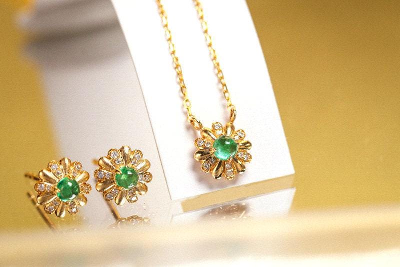 Daisy Emerald Cabochon Cut & Diamond Studs in 18K Yellow Gold