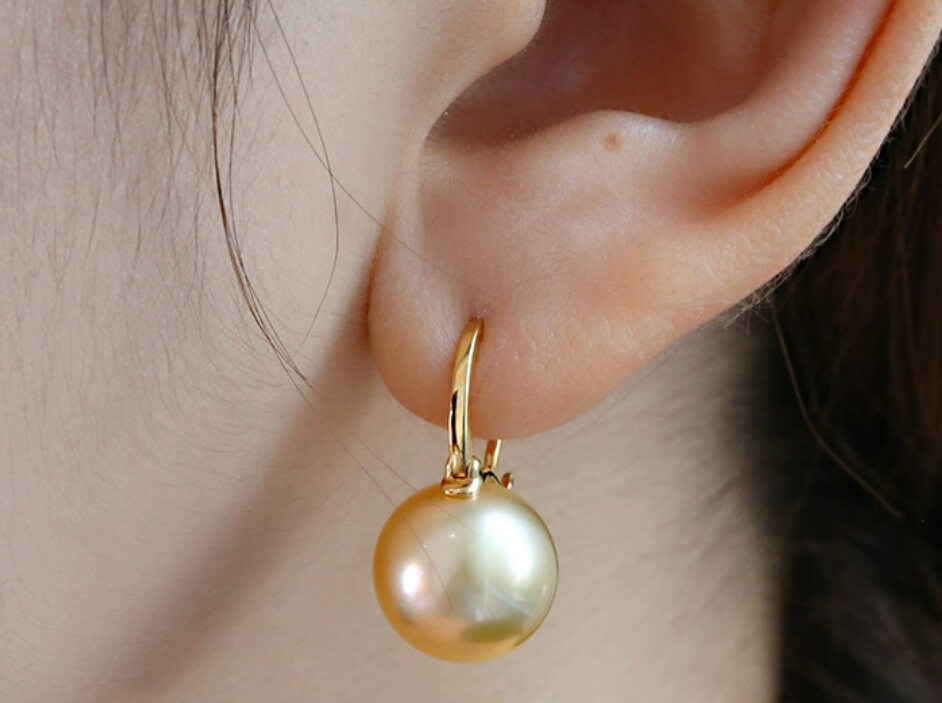 Exquisite 14mm Golden Pearl Hoop Earrings in 18K Yellow Gold