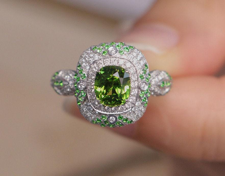 Superior Tsavorite Cushion 18K Gold Statement Ring