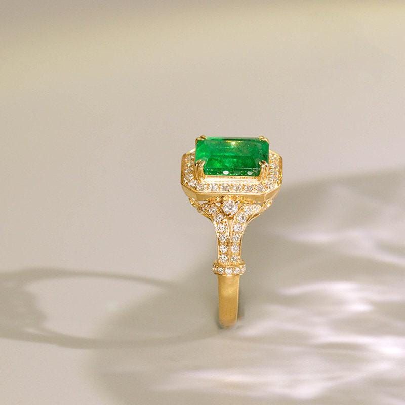 2.56ct Emerald & Diamond Statement Ring in 18K Yellow Gold