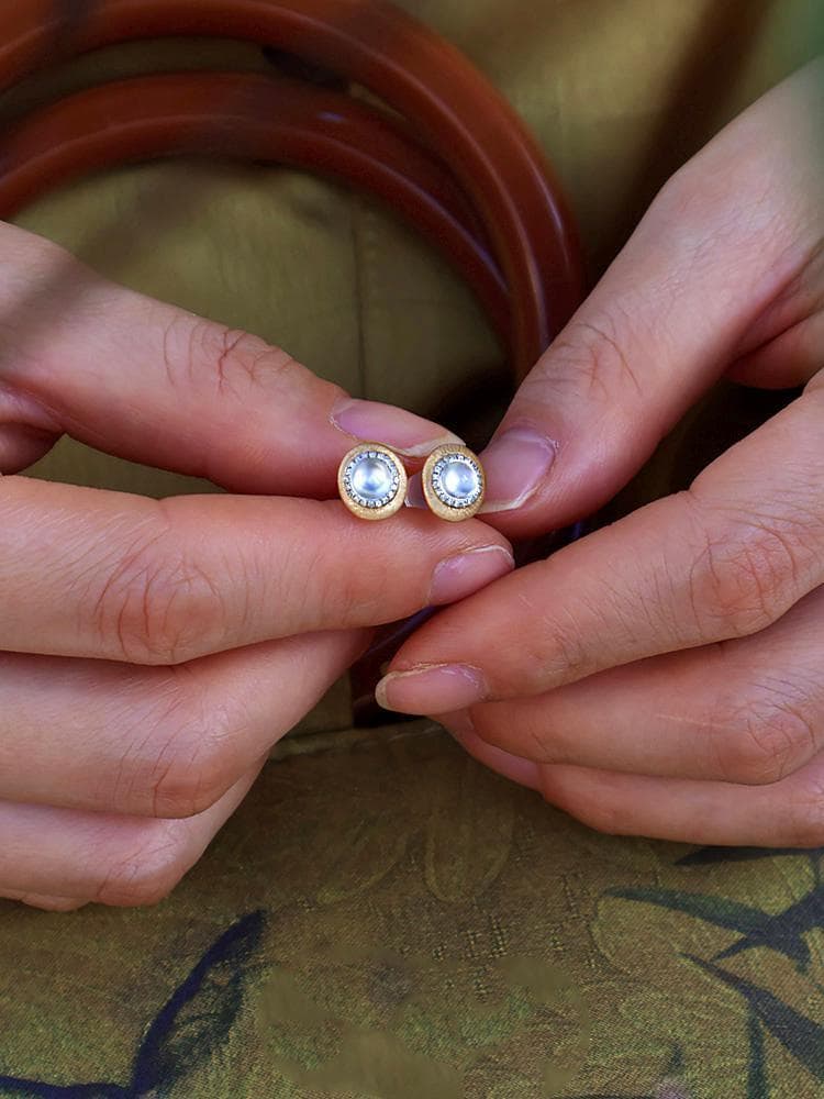White Jade & Diamond Stud Earrings with Brush Finish in 18K Gold