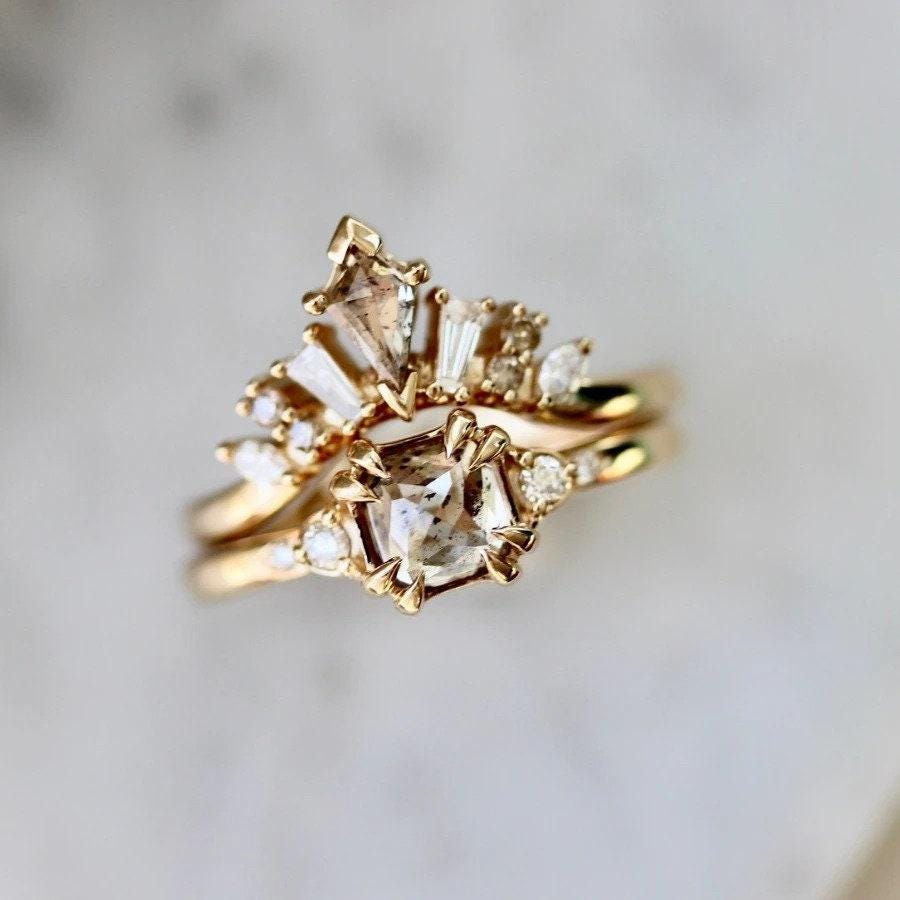 1ct Champagne Diamonds Cushion Rose Cut 14K Gold Engagemen Ring