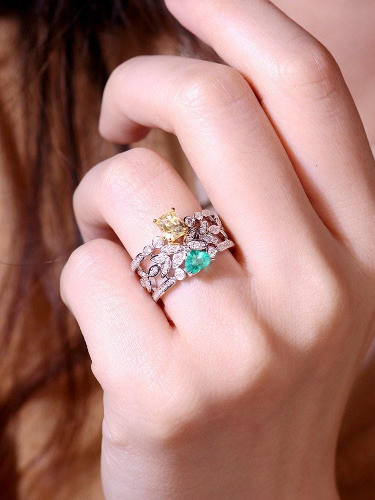 Emerald & Yellow Sapphire 18K White Gold Stacking Ring with Diamonds