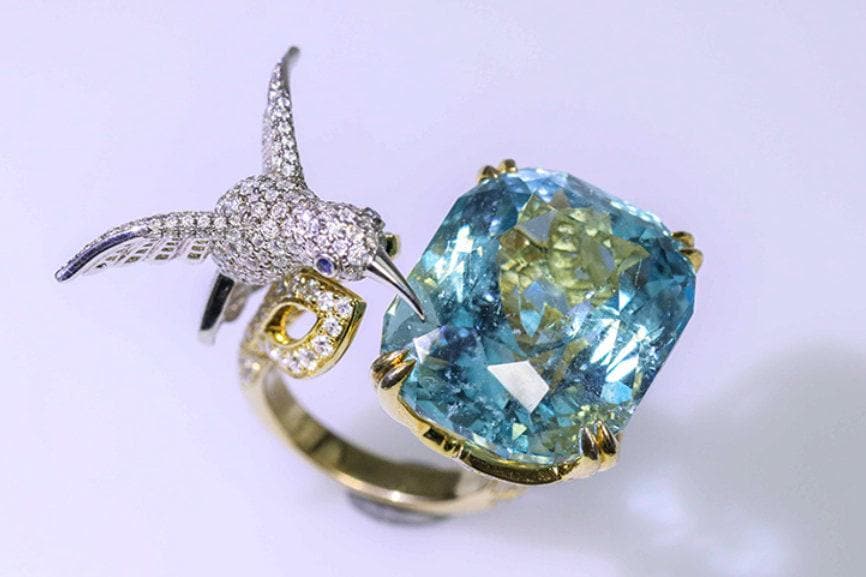 Hummingbird Blue Topaz Diamond Ring - 18K Two Tone Gold
