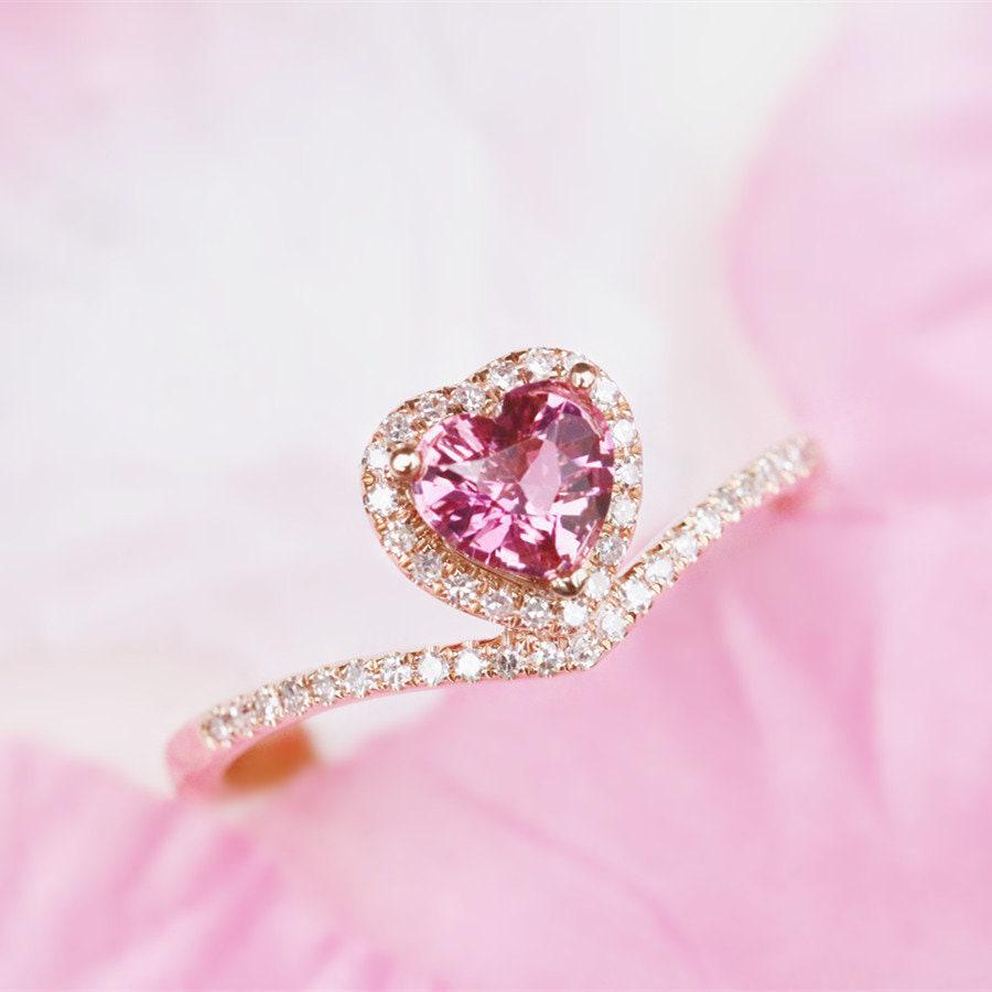 Pink Tourmaline Heart Chevron Stackable Ring - 18K Yellow Gold