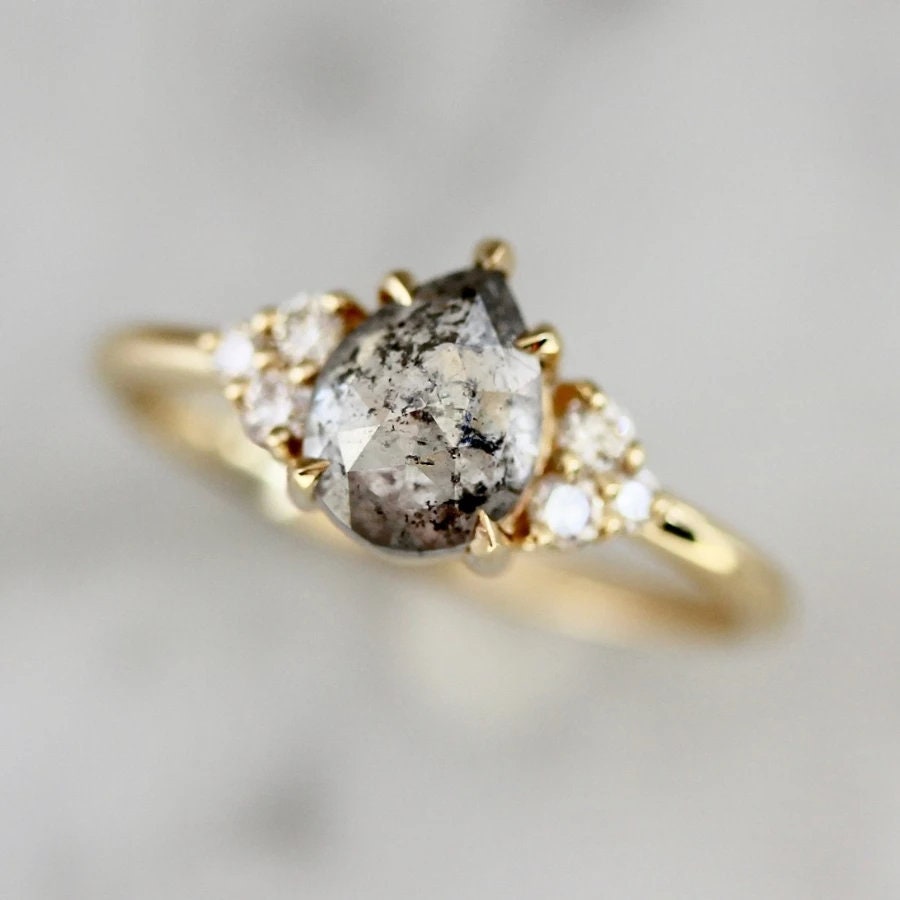 1.25ct Salt & Pepper Pear Rose Cut 18K Gold Wedding Ring
