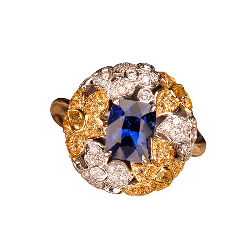 Cluster Royal Blue Sapphire 18K Two Tone Gold Statement Ring