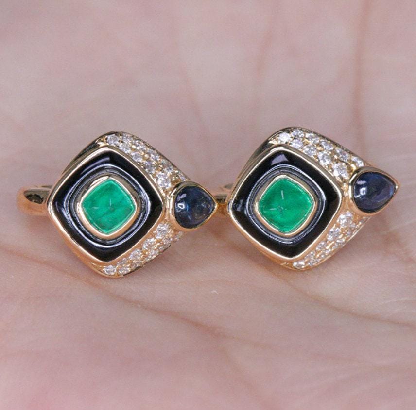 Art Deco Design Emerald Sapphire 18K Yellow Gold Earrings